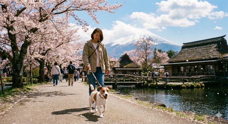 桜並木を歩く犬と飼い主｜忍野八海（AI生成）